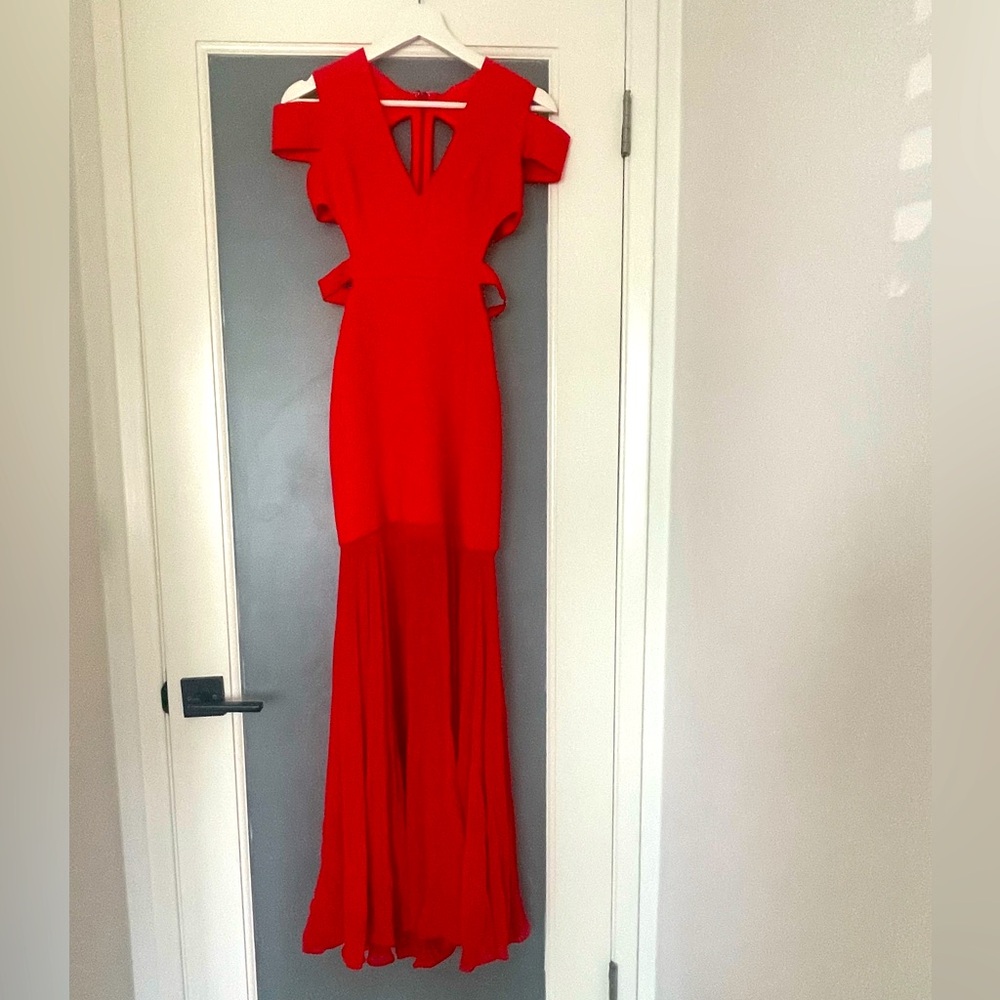 BCBG Long Tomato Red Gown with Cutout Detail
